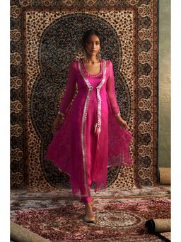 Charkhee - Rani Pink Embroidered Kurta with Jacket and Pant (Set of 3)