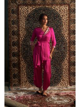 Charkhee - Rani Pink Embroidered Wrap Kurti with Salwar (Set of 2)