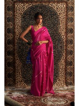 Charkhee - Prarambh Rani Pink Embroidered Chanderi Saree with Stitched Blouse