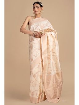 Zal from Benaras - Cream Pure Silk Banarasi Handloom Saree without Blouse