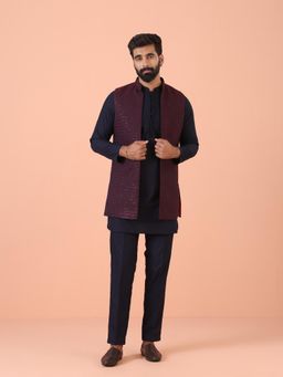 KISAH - Men Navy Blue Embellished Mid Kurta Nehru Jacket and Pyjama
