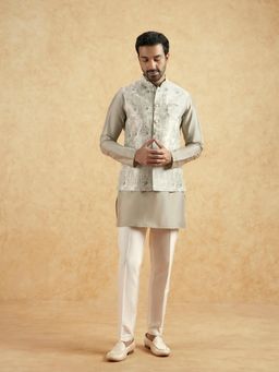 KISAH - Men Beige Woven Design Mid Kurta with Nehru Jacket and Pyjama