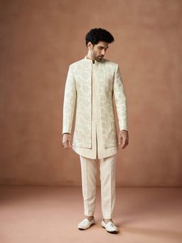 KISAH - Men Cream Silk Blend Embroidered Short Sherwani and Pyjama
