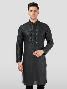 Vastramay - Black Zudio Emboss Silk with Bead Embroidery Kurta