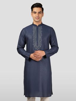 Vastramay - Navy Blue Zudio Emboss Silk with Bead Embroidery Kurta