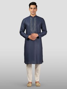 Vastramay - Silk Blend Embroidered Kurta with Pyjama for Men | Navy Blue | Wedding