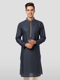 Vastramay - Navy Blue Cotton Thread Embroidery Kurta for Men