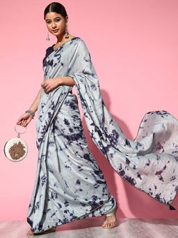 Odette - Women's Silk Blend Grey Printed Designer Saree with Unstitched Blouse