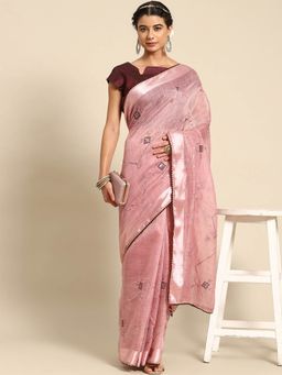 Odette - Pink Cotton Embroidered Saree with Unstitched Blouse