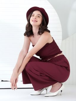 KASSUALLY - Maroon Crop Tube Top with Wide Leg Pant (Set of 2)