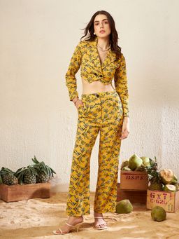 KASSUALLY - Yellow Floral Neck Crop Top with Pant (Set of 2)