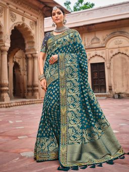 Odette - Womens Teal blue Semi Dolla Saree with Unstitched Blouse