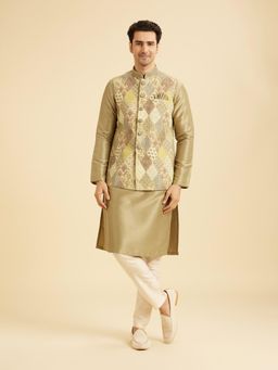 Manyavar - Green Nehru Jacket with Kurta and Pyjama Set for Men