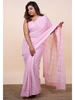 The Indian Ethnic Co. - Zohreen Pink Batik Hand Block Print Mul Cotton Saree Without Blouse