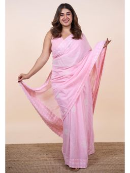 The Indian Ethnic Co. - Humera Pink Batik Hand Block Print Mul Cotton Saree Without Blouse