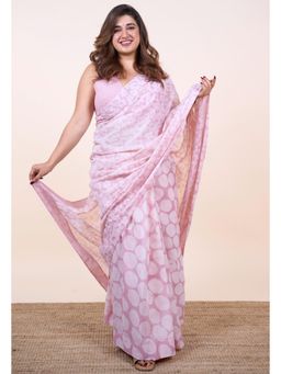 The Indian Ethnic Co. - Mira Pink Batik Hand Block Print Mul Cotton Saree Without Blouse