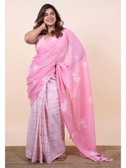 The Indian Ethnic Co. - Parisa Pink Batik Hand Block Print Mul Cotton Saree Without Blouse