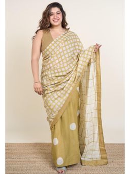 The Indian Ethnic Co. - Esha Khaki Batik Hand Block Print Mul Cotton Saree Without Blouse