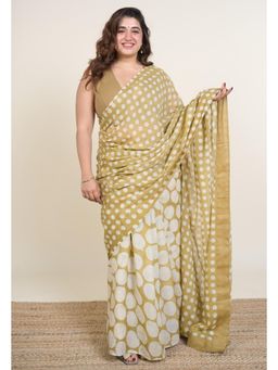 The Indian Ethnic Co. - Iram Khaki Batik Hand Block Print Mul Cotton Saree Without Blouse