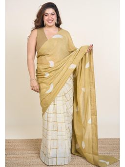 The Indian Ethnic Co. - Rima Khaki Batik Hand Block Print Mul Cotton Saree Without Blouse