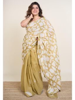The Indian Ethnic Co. - Sabiha Khaki Batik Hand Block Print Mul Cotton Saree Without Blouse
