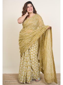 The Indian Ethnic Co. - Tuba Khaki Batik Hand Block Print Mul Cotton Saree Without Blouse