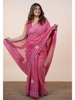 The Indian Ethnic Co. - Insha Pink Batik Hand Block Print Mul Cotton Saree Without Blouse