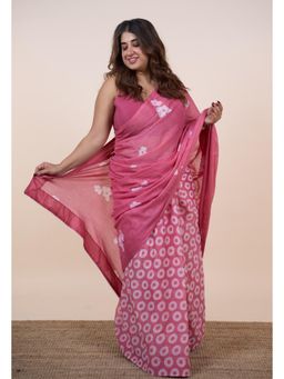 The Indian Ethnic Co. - Dania Pink Batik Hand Block Print Mul Cotton Saree Without Blouse