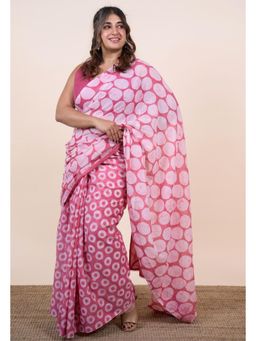 The Indian Ethnic Co. - Yumna Pink Batik Hand Block Print Mul Cotton Saree Without Blouse