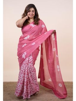 The Indian Ethnic Co. - Jasmin Pink Batik Hand Block Print Mul Cotton Saree Without Blouse