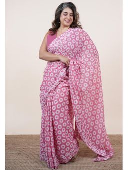 The Indian Ethnic Co. - Luma Pink Batik Hand Block Print Mul Cotton Saree Without Blouse