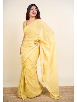 The Indian Ethnic Co. - Ramisha Yellow Batik Hand Block Print Mul Cotton Saree Without Blouse