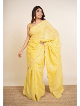 The Indian Ethnic Co. - Isra Yellow Batik Hand Block Print Mul Cotton Saree Without Blouse