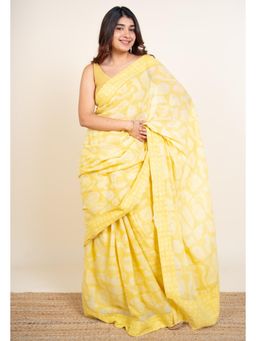 The Indian Ethnic Co. - Zohra Yellow Batik Hand Block Print Mul Cotton Saree Without Blouse
