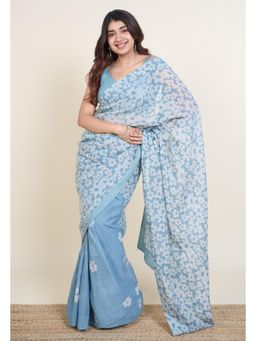 The Indian Ethnic Co. - Warisha Blue Batik Hand Block Print Mul Cotton Saree Without Blouse