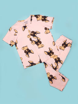 Be Awara - Cool Dog Kids Nightwear Half Sleeves Shirt & Pajama Peach (Set of 2)