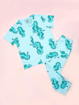 Be Awara - Sea Horse Kids Nightwear Half Sleeves Shirt & Pajama Blue (Set of 2)