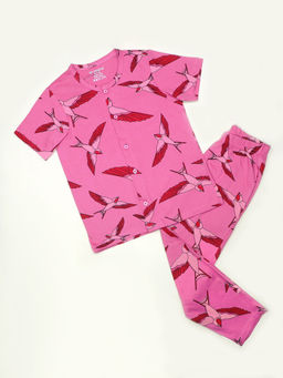 Be Awara - Pink Canaries Kids Nightwear Half Sleeves Shirt & Pajama Pink (Set of 2)