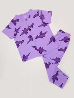 Be Awara - Dragon Kids Nightwear Half Sleeves Shirt & Pajama Purple (Set of 2)
