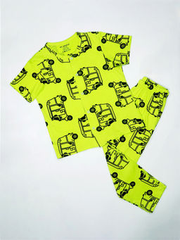 Be Awara - Auto Rickshaw Kids Nightwear Half Sleeves Shirt & Pajama Green (Set of 2)