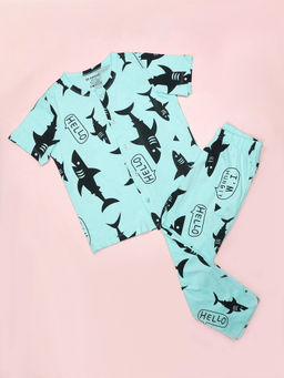 Be Awara - Shark Kids Nightwear Half Sleeves Shirt & Pajama Blue (Set of 2)