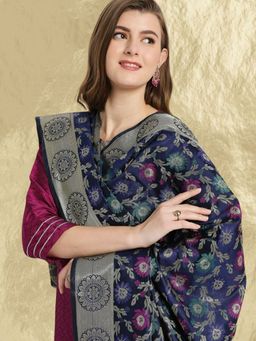 Dupatta Bazaar - Women's Navy Blue Banarasi Silk Dupatta with Multicolour Weaving