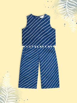 Budding Bees - Girls Cotton Bandhani Printed Top and Pyjama Blue (Set of 2)