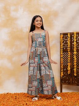Budding Bees - Girls Geometric Printed Cotton Jumpsuit Multi-Color