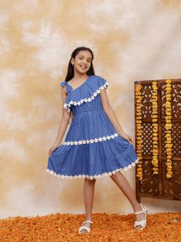 Budding Bees - Girls Solid Tier One Shoulder Dress Blue