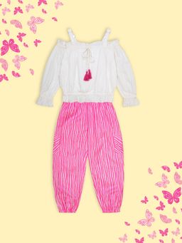 Budding Bees - Girls Cotton Top & Pant White and Pink (Set of 2)