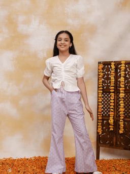 Budding Bees - Girls Cotton Crop Top Pants White with Purple (Set of 2)
