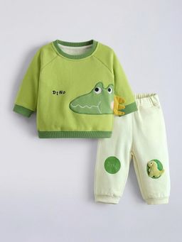Hopscotch - Green Embroidered Round Neck Sweatshirt with Jogger