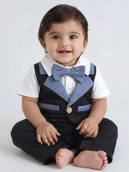 Hopscotch - Navy Blue Solid/Plain Collar Neck Jacket and T-Shirt Pant with Bow
