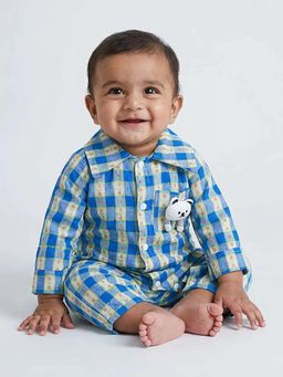 Hopscotch - Blue Checks Collar Neck Romper